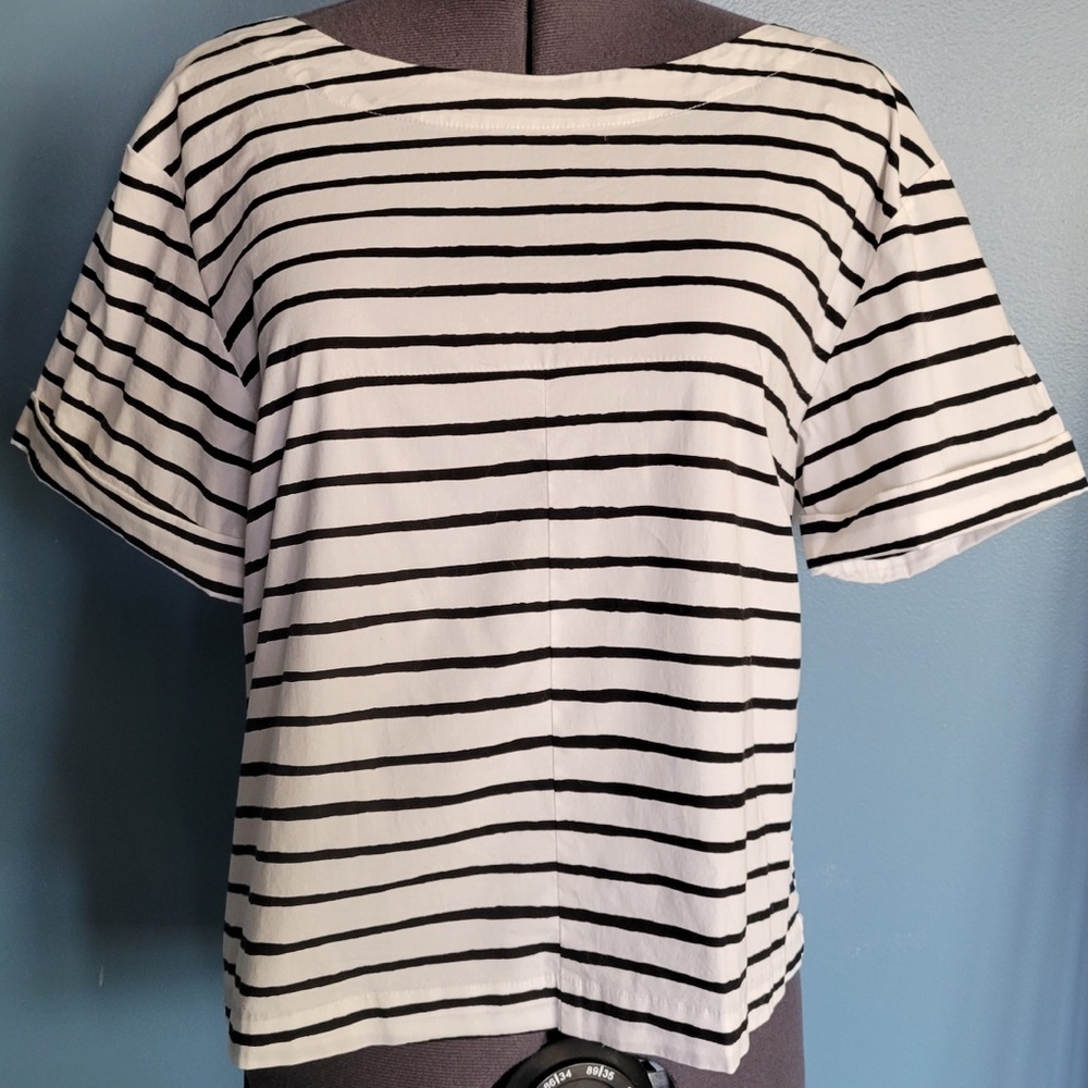 J Crew Womens Top Size XS Striped Knit Shirt Boat Neck 3/4 Sleeves White Blue